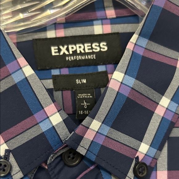 (🙈2 For $20)Express Men's Navy and Pink Checkered Shirt Large Slim Fit - Picture 2 of 3